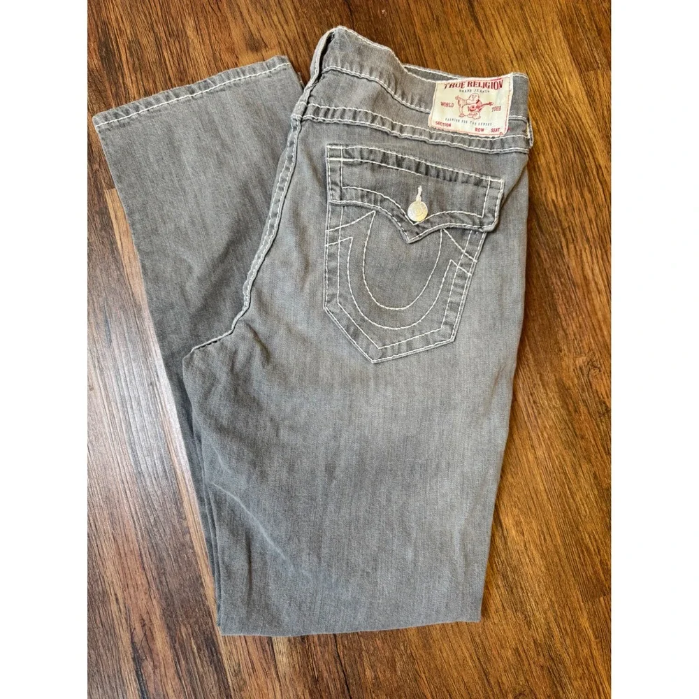 Y2K True Religion Ricky Relaxed Straight Gray Jeans White Contrast Stitch Sz 36